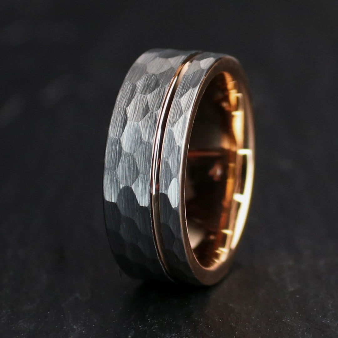 Akitsune Terra Hammered Ring - Stainless Steel Granite Texture Signet Ring For Men & Women (Matte Black, US Size 11)