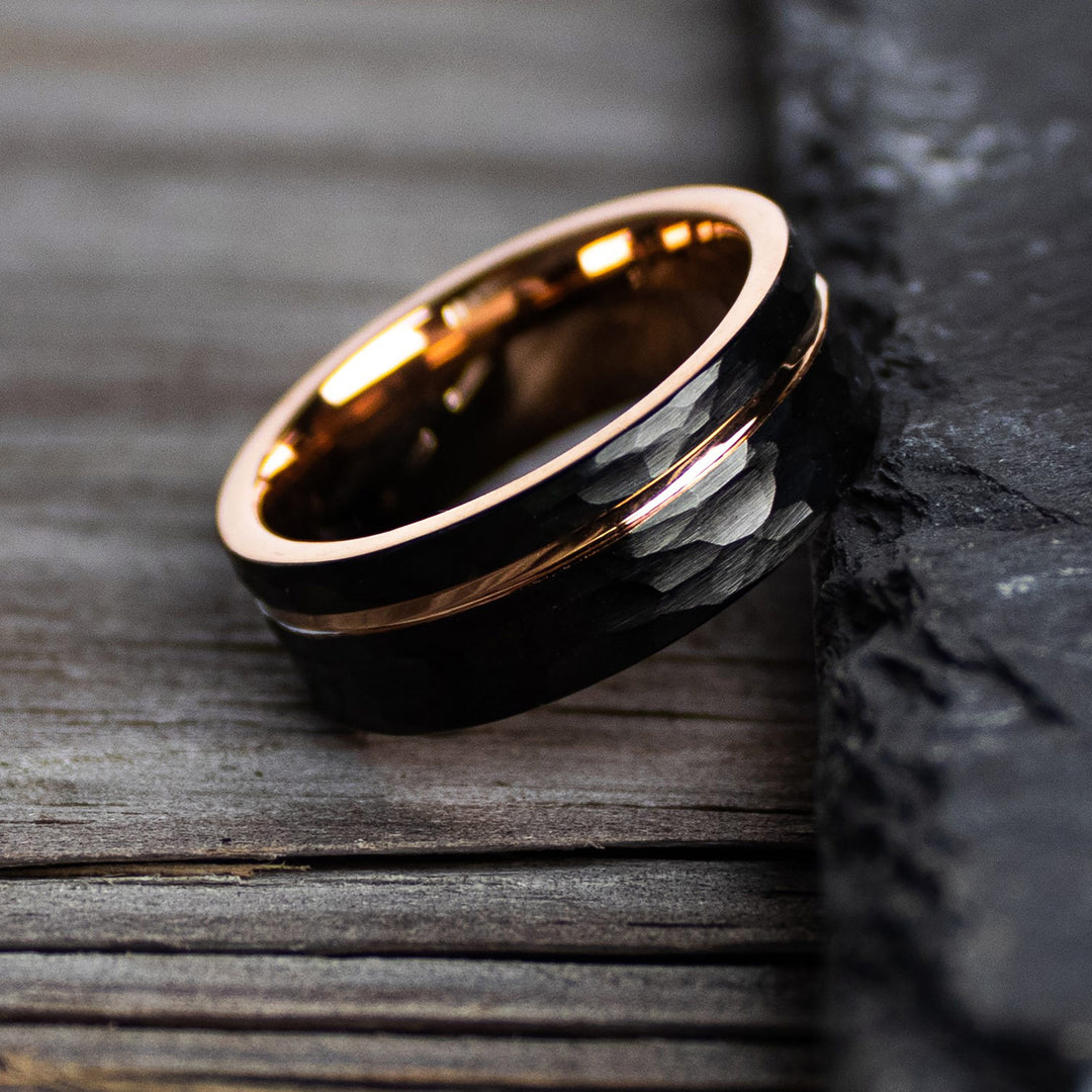 The Apollo Hammered Black Rose Gold Wedding Ring Thorum