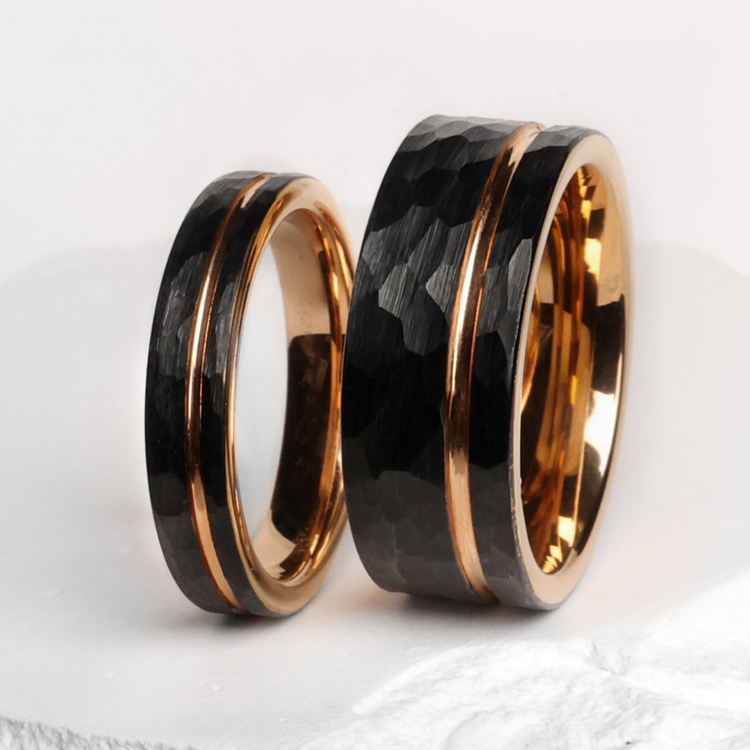 The Apollo Set | Black Hammered Rose Gold Wedding Bands | Thorum